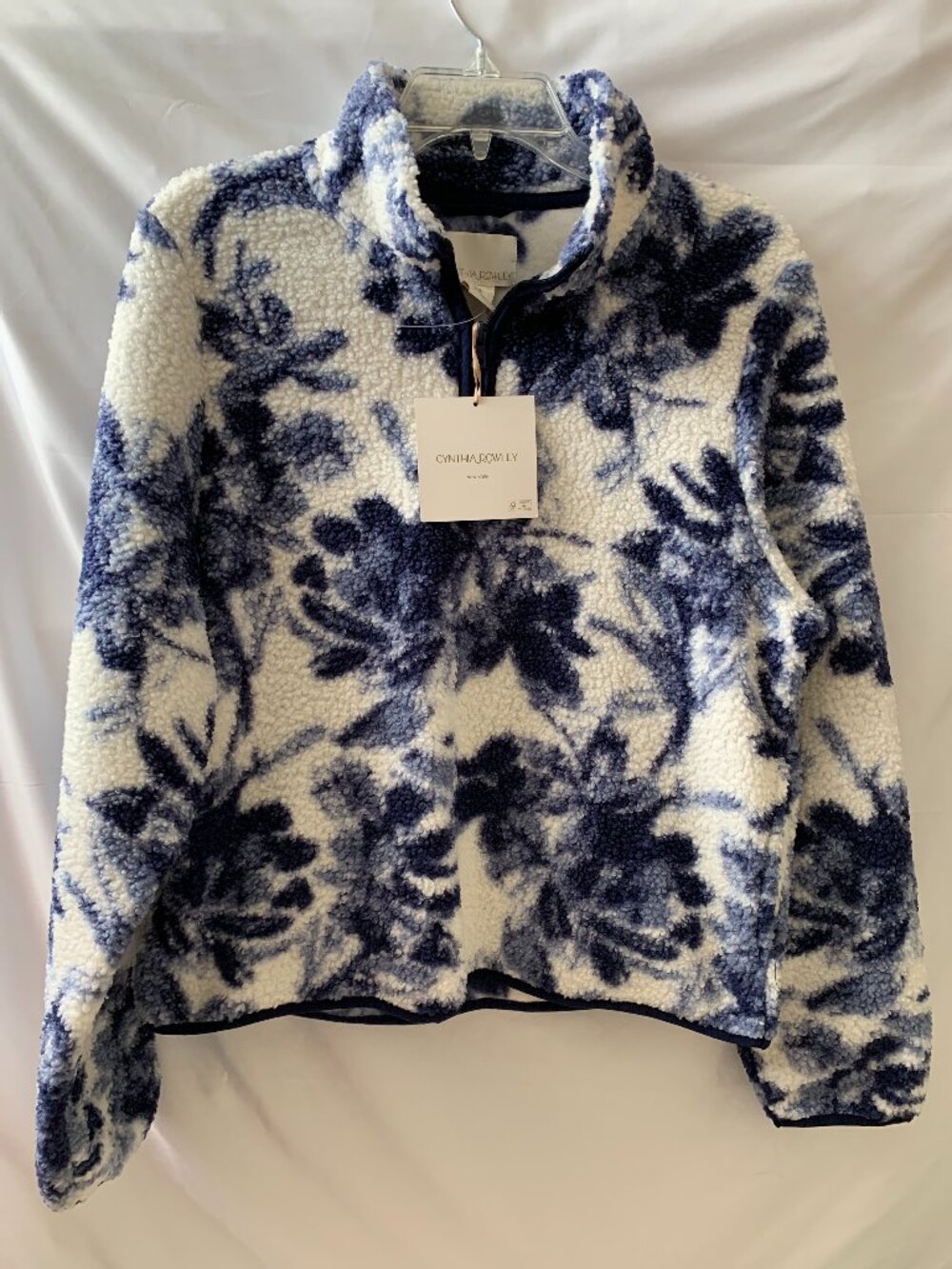 CYNTHIA ROWLEY Floral Half Zip Sherpa Sweater in Blue/White Sz LARGE